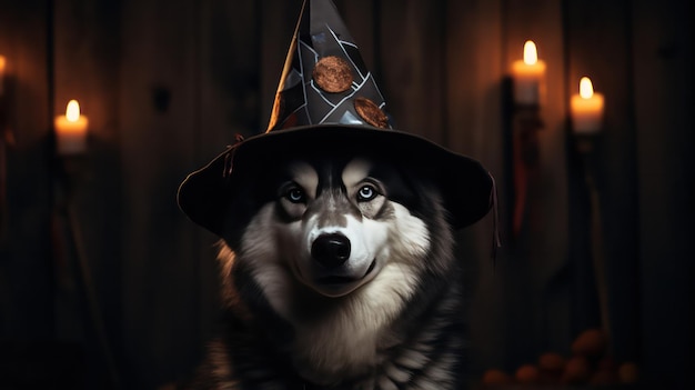 zdjęcie uroczego psa husky syberyjskiego używającego kapelusza wiedźmy na świętowanie Halloween