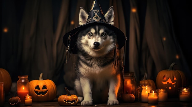 zdjęcie uroczego psa husky syberyjskiego używającego kapelusza wiedźmy na świętowanie Halloween