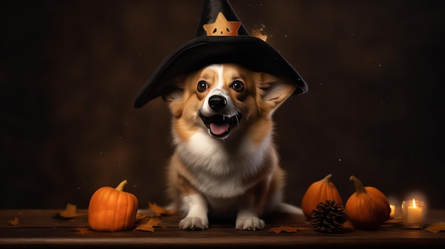 zdjęcie uroczego psa pembroke welsh corgi używającego kapelusza wiedźmy na świętowanie Halloween