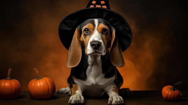 zdjęcie uroczego psa rasy beagle używającego kapelusza wiedźmy na świętowanie Halloween