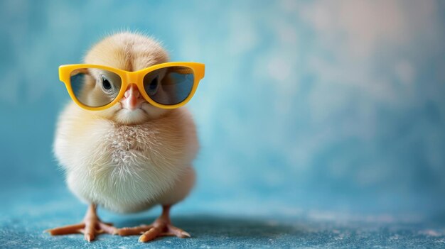 zdjęcie uroczego szczęśliwego kurczaka noszącego żółte okulary przeciwsłoneczne na niebieskim tle