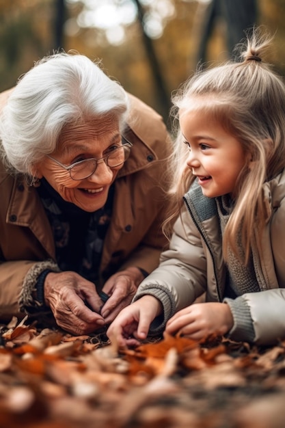 Zdjęcie uroczej dziewczynki bawiącej się z babcią na świeżym powietrzu stworzone za pomocą sztucznej inteligencji generatywnej