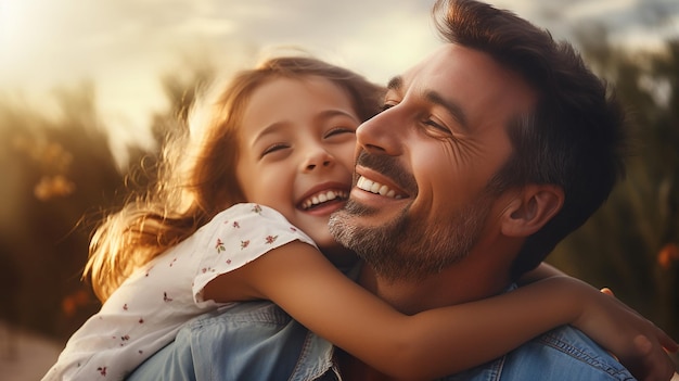 Zdjęcie uroczej dziewczyny przytulającej ojca, słodki uśmiech, szczęśliwy ojciec i córka