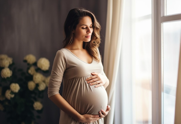 Zdjęcie uroczej i szczęśliwej ciężarnej matki dotykającej brzucha