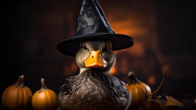 zdjęcie uroczej kaczki używającej kapelusza wiedźmy na świętowanie Halloween