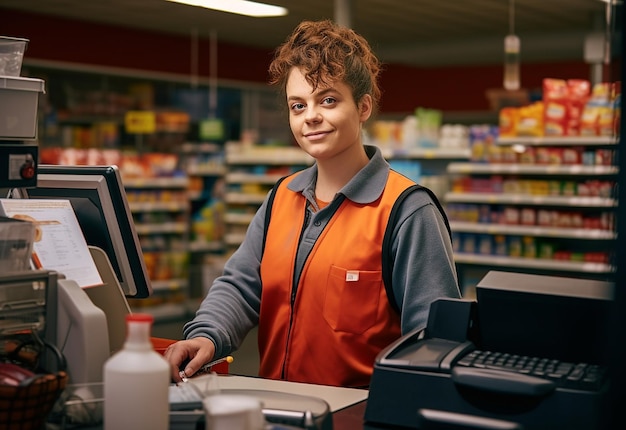 Zdjęcie zdjęcie uroczej kasjerki z supermarketu z uroczym uśmiechem i pomagającej klientom