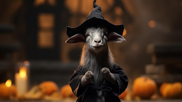 zdjęcie uroczej kozy używającej kapelusza wiedźmy na świętowanie Halloween