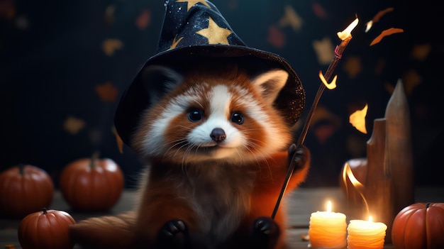 zdjęcie uroczej pandy czerwonej w kapeluszu wiedźmy podczas obchodów Halloween