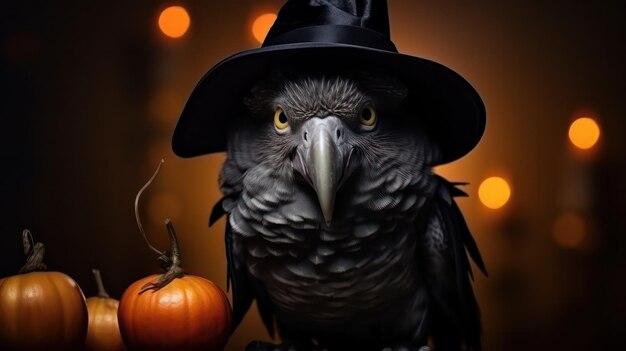 zdjęcie uroczej papugi używa kapelusza wiedźmy na świętowanie Halloween