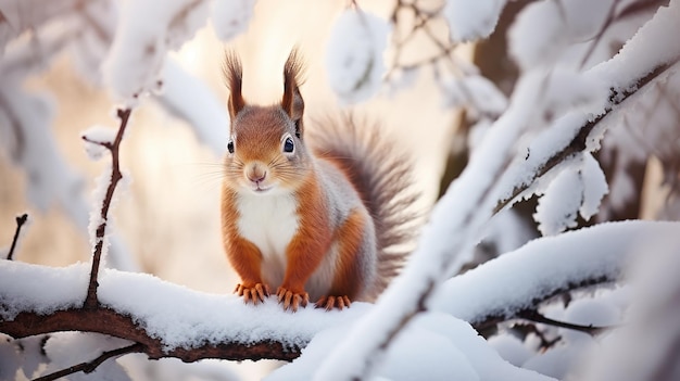 Zdjęcie uroczej wiewiórki rudej zjadającej orzechy zimą