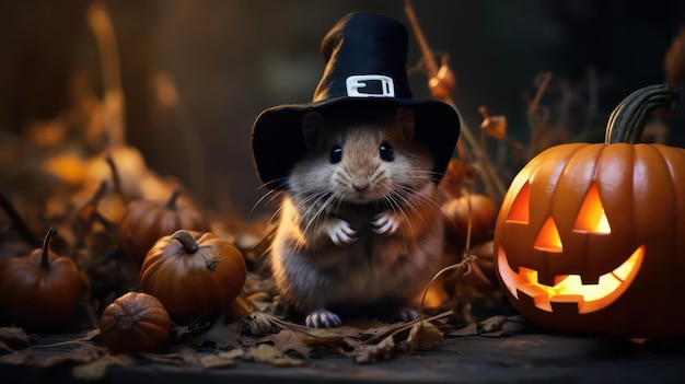 zdjęcie uroczej wiewiórki używającej kapelusza wiedźmy podczas obchodów Halloween