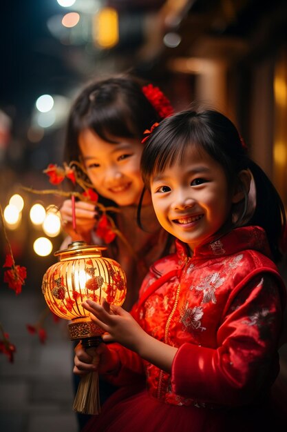 Zdjęcie uśmiechniętego chińskiego chłopca i dziewczyny w czerwonej chińskiej sukience z latarnią