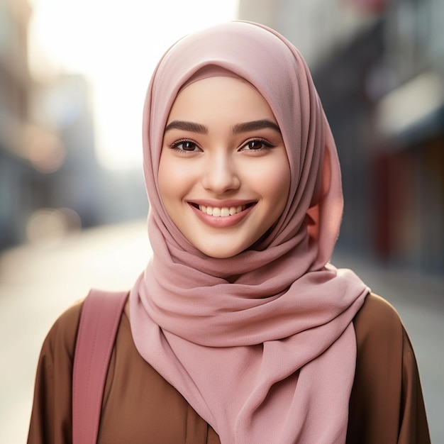 Zdjęcie uśmiechniętej arabskiej kobiety z pustym sztandarem na logo firmy