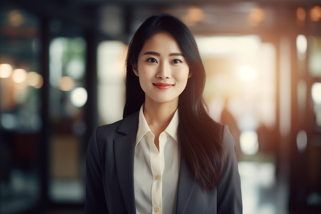 Zdjęcie uśmiechniętej azjatyckiej bizneswoman stojącej i patrzącej