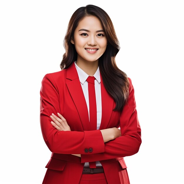 Zdjęcie zdjęcie uśmiechniętej azjatyckiej bizneswoman stojącej i patrzącej