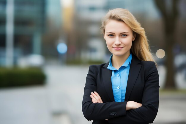 Zdjęcie zdjęcie uśmiechniętej bizneswoman pozującej na zewnątrz z skrzyżowanymi ramionami