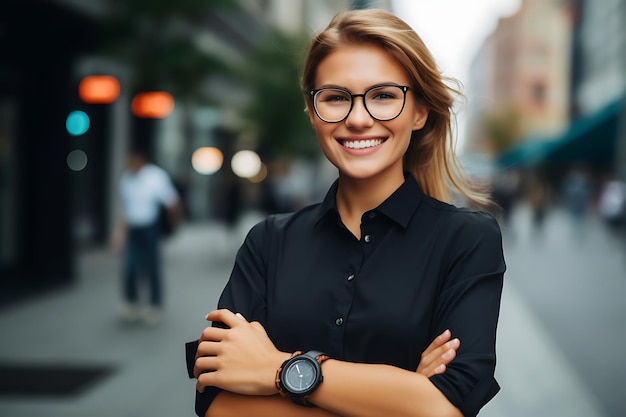 Zdjęcie uśmiechniętej bizneswoman pozującej na zewnątrz z skrzyżowanymi ramionami
