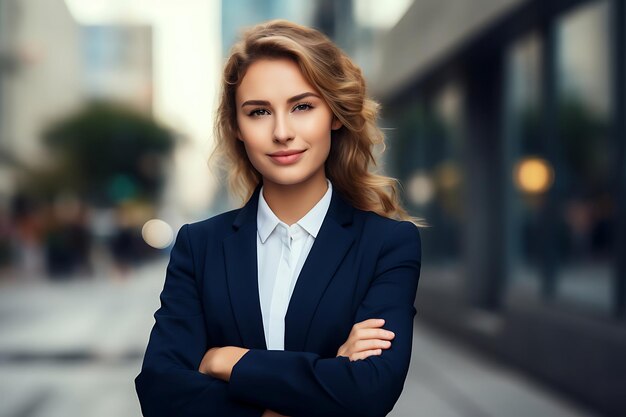 Zdjęcie uśmiechniętej bizneswoman pozującej na zewnątrz z skrzyżowanymi ramionami