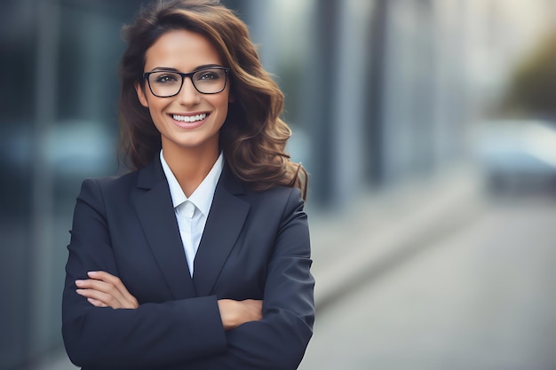 Zdjęcie uśmiechniętej bizneswoman pozującej na zewnątrz z skrzyżowanymi ramionami