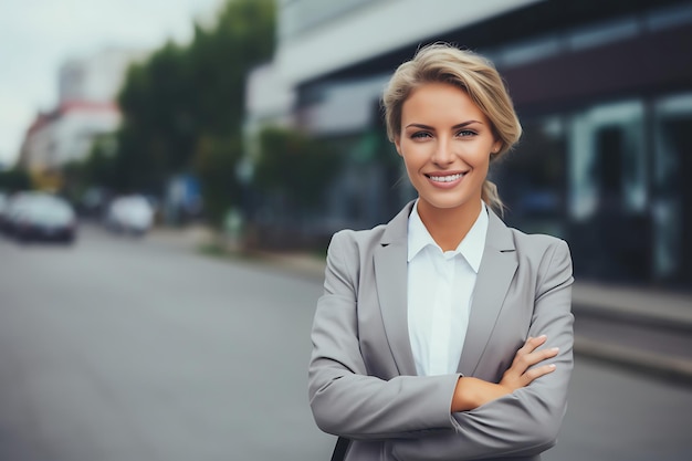 Zdjęcie uśmiechniętej bizneswoman pozującej na zewnątrz z skrzyżowanymi ramionami