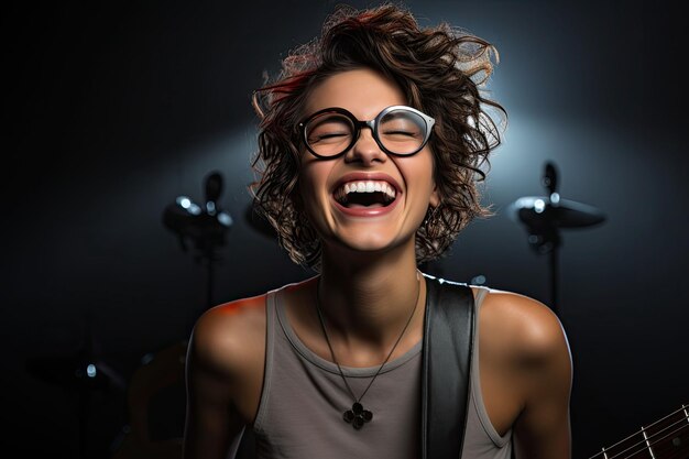 zdjęcie uśmiechniętej muzykki w okularach z obiektywem szerokokątnym i realistycznym oświetleniem