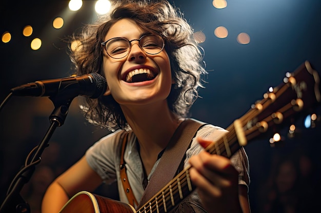 zdjęcie uśmiechniętej muzykki w okularach z obiektywem szerokokątnym i realistycznym oświetleniem