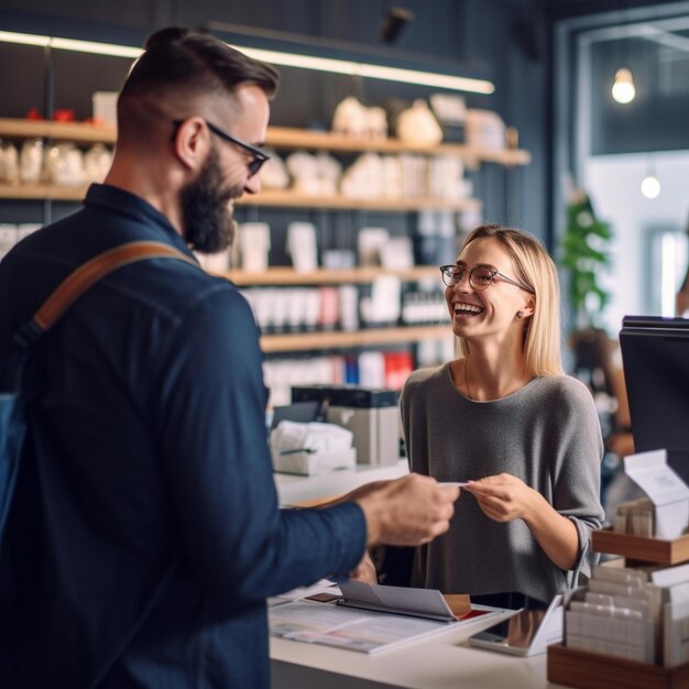 Zdjęcie zdjęcie uśmiechniętej sprzedawczyni do klientów na liczniku gotówkowym w supermarkecie