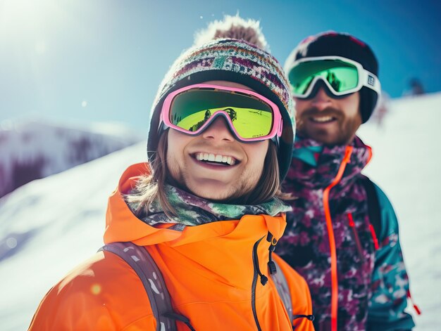 Zdjęcie uśmiechniętych snowboardzistów, młoda szczęśliwa kobieta i mężczyzna noszą okulary ochronne, maskę, kapelusz, kurtkę z podkładką na nartach.