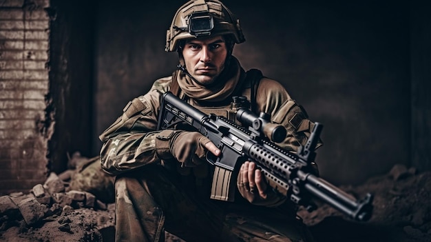 zdjęcie w pełni wyposażonego żołnierza w mundurze kamuflażu trzymającego karabin szturmowy