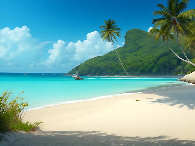 Zdjęcie w tle bujnych zielonych liści palmy z promieniami słonecznymi przechodzącymi przez koncepcję lata na plaży