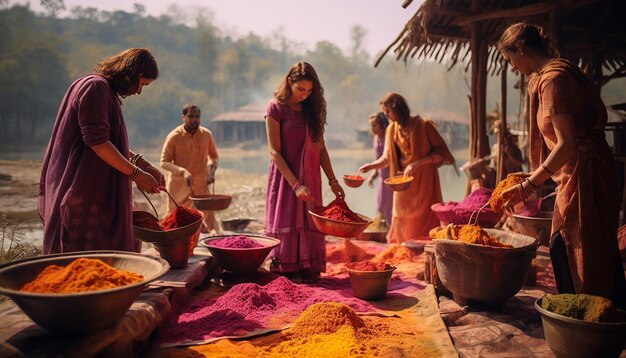 zdjęcie w wiejskim otoczeniu przedstawiające tradycyjne sposoby świętowania Holi w kraju