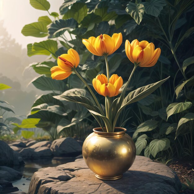 Zdjęcie wazonu z żółtymi kwiatami siedzącego na skale