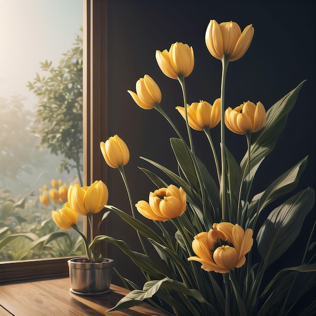 Zdjęcie wazy żółtych tulipanów na oknie