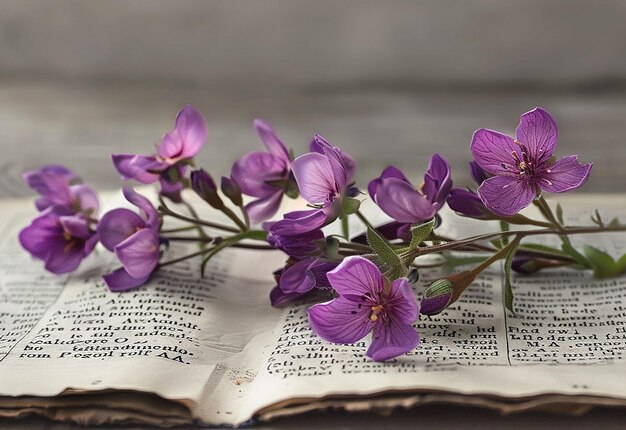 Zdjęcie zdjęcie wiązki fioletowych kwiatów na książce z otwartymi stronami