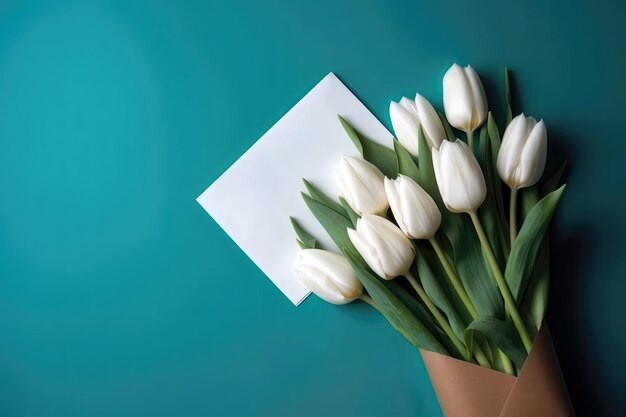 Zdjęcie widoku z góry miejsca kopiowania i turkusowej koperty i bukietu białych tulipanów z kopią wklej turkusowym tłem Generatywna sztuczna inteligencja