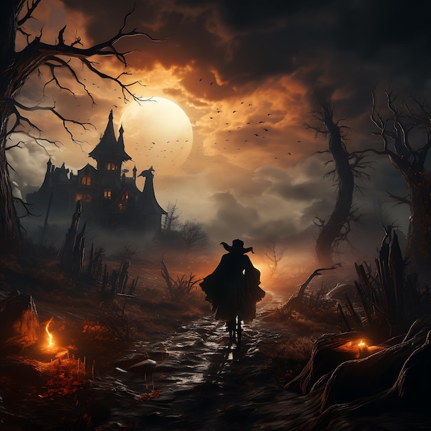 Zdjęcie wiedźmy na Halloween latającej na miotle nad swoim starym domem horroru w nocy ciemnej pełni księżyca