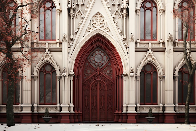 Zdjęcie wiktoriańskiej fasady gotyckiej z ozdobnymi szczegółami i ostrym łukiem Pusty czysty kreatywny projekt