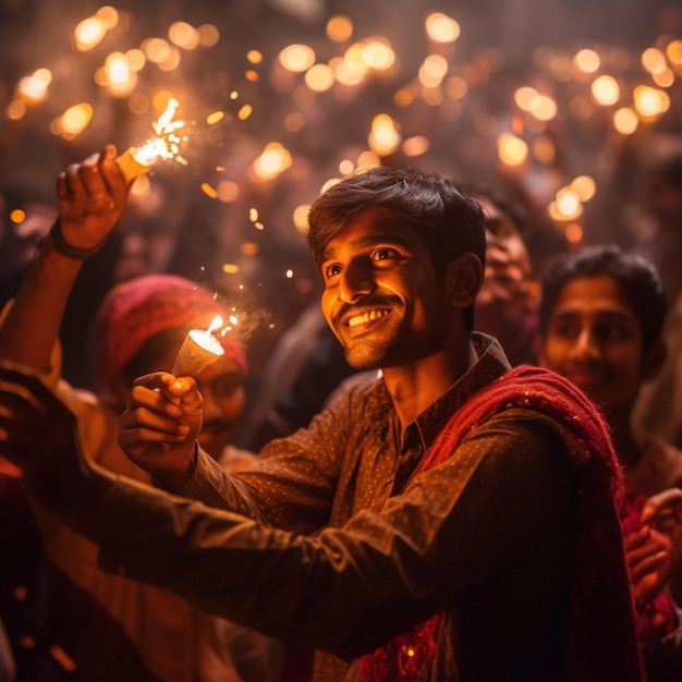Zdjęcie wolne od szczęśliwych hinduskich Hindusów oświetlających Deepa w dniu Diwali