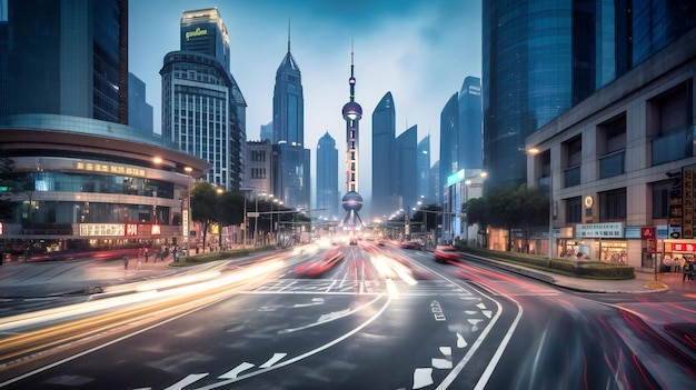 Zdjęcie wykonane na poziomie ulicy z długim czasem naświetlania, przedstawiające tętniącą życiem dzielnicę zabudowy miasta Pudong w Szanghaju