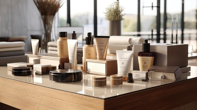 Zdjęcie wystawy produktów do pielęgnacji skóry i kosmetyków w spa