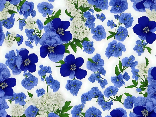 Zdjęcie wzoru niebieskich kwiatów bezszwy wzór średniowiecznego tła niebieskie kwiaty z liśćmi