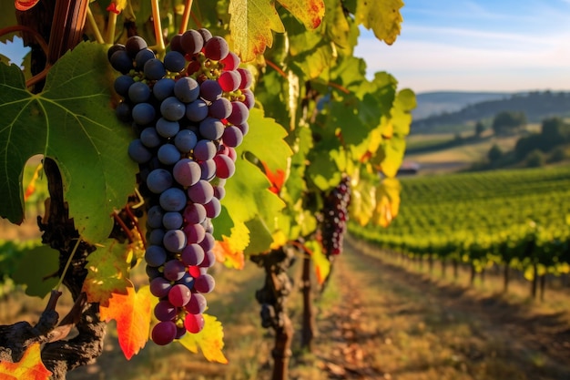 Zdjęcie z bliska dojrzałych winogron w winnicy ai generowane