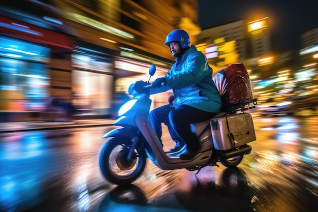 Zdjęcie z bliska dostawca jedzie nocą ulicami miasta na skuterze Generative AI