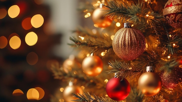Zdjęcie z bliska drzewa bożonarodzeniowego ozdobionego czerwonymi i złotymi kulkami