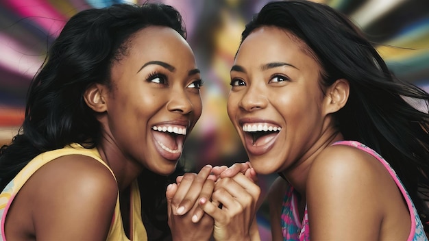 Zdjęcie z bliska dwóch czarnych kobiet, które czują się podekscytowane i szczęśliwe