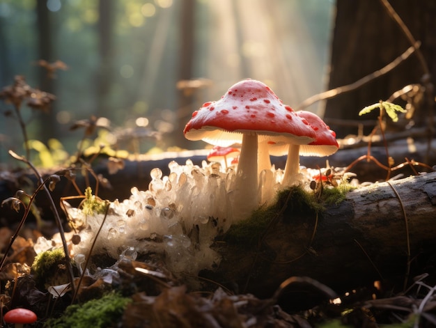 Zdjęcie z bliska dzikich grzybów w świetle poranka w lesie