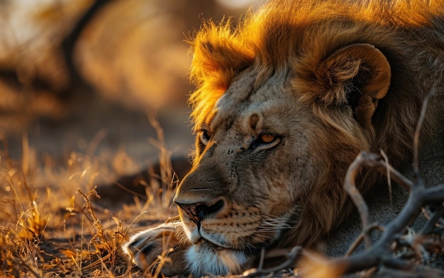 Zdjęcie z bliska lwa grzejącego się w łagodnym blasku zmierzchu