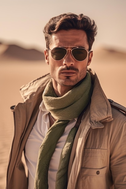 Zdjęcie z bliska mężczyzny na pustyni z okularami przeciwsłonecznymi