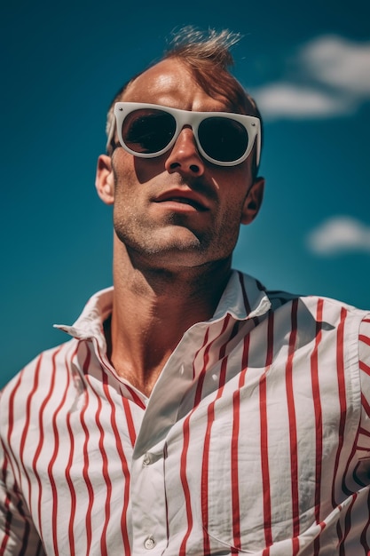 Zdjęcie z bliska mężczyzny w czerwonych szortkach, białej koszuli i okularach przeciwsłonecznych