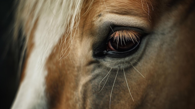 Zdjęcie z bliska oka lekkiego konia z plamą na twarzy Młody ogier, zwierzę sportowe jeździeckie